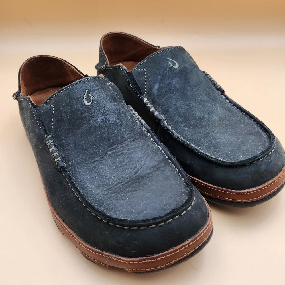 Olukai Moloa Mens Black Leather Slip On Casual Loafer Shoes 8.5 Suede 10128 4033